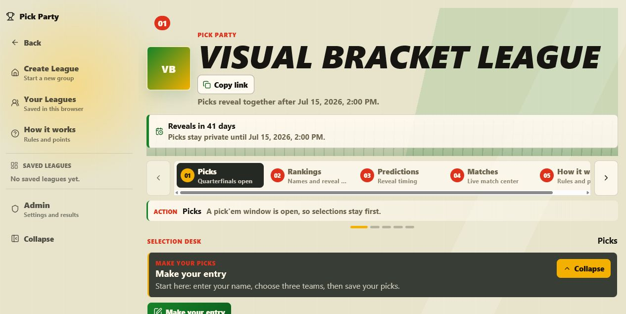 League page tabs showing Picks, Rankings, Predictions, Matches, and How it works.